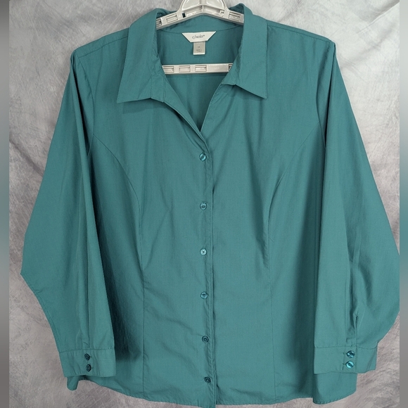 CJ Banks 3X Kelly Green Button Down Shirt With Stretch - Picture 1 of 9